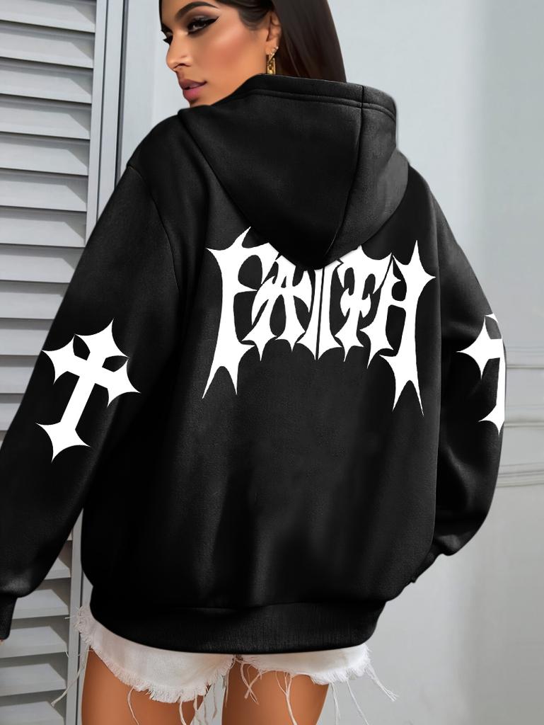 Kreatives Glaubenskunst Briefdruck Kapuzenpullover Damen Hip Hop Herbst Kapuzenpullover Tasche Fleece Kleidung Y2K All-Match Lässiger Damen Kapuzenpullover