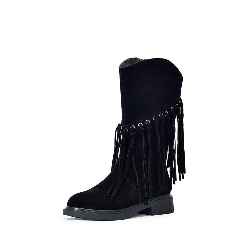 Johnature Retro Echtleder Mid-Calf Stiefel Modische Vielseitige Mittel Absatz Damen Quastenstiefel