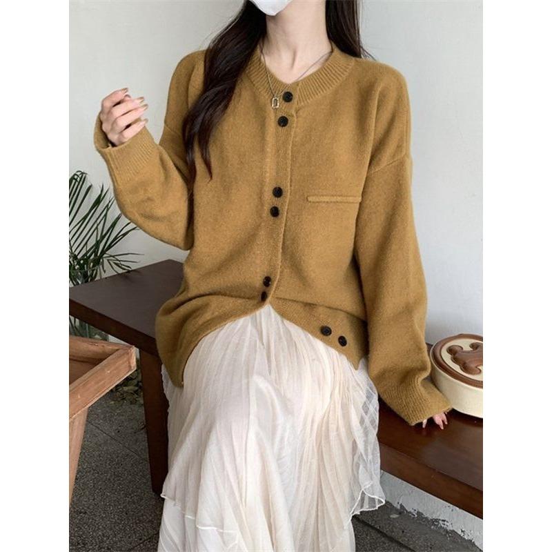 Gray loose lazy wind knitted cardigan women's spring and autumn soft waxy sweater jacket design top