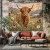 Highland Cow Tapestry Wildflower Wall Hanging Scottish Cow Wall Art Cottagecore Farmhouse Tapestry Rustic Country Decor