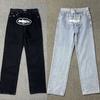 Streetwear Demon Island Print Straight Leg Washed Denim Jeans Unisex Hip Hop Casual Pants