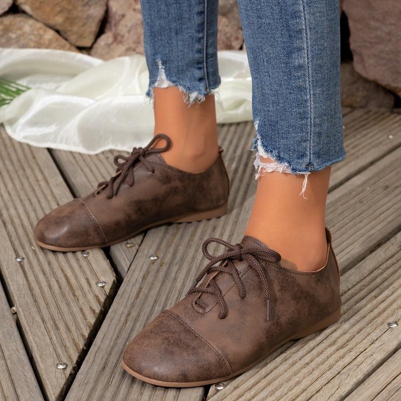 Retro Flat-bottomed Lace-up Single Shoes Women's Spring New Large-size Round-head Soft-soled Doudou Shoes Size 43