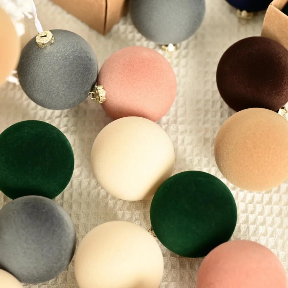 12pcs Flocked Christmas Tree Ball Velvet Christmas Pendant Ornaments Xmas Tree Hanging Balls New Year Party Plush Balls Decor