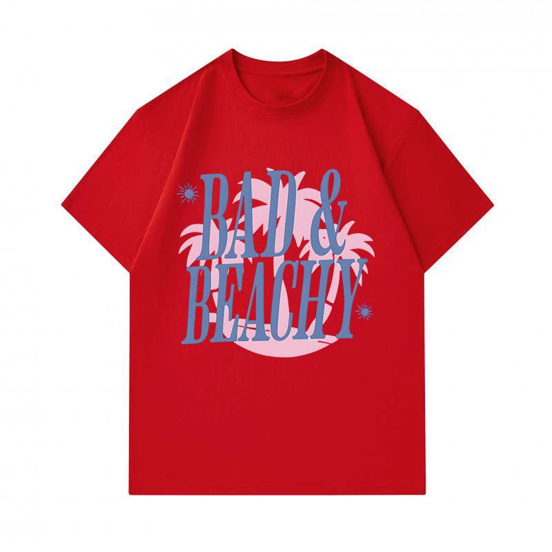 Men's 100% Cotton Crew Neck Short Sleeve T-Shirt, Casual Bad & Beachy Letter Print Palm Sun Pattern Soft Breathable Summer Daily Tees for Beach Vacati