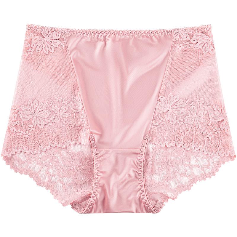 Große Größe Damen Frühling und Sommer Hohlspitze Bequem Weich Ohne Spuren Hohe Taille Bauch Dreieck Slips XL