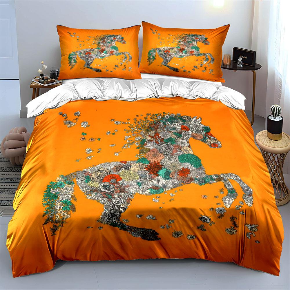 Floral Horse Art Set Decor Soft Skin-Friendly Bedding Set Includes 1 Duvet Cover And 2 Pillowcase Gift