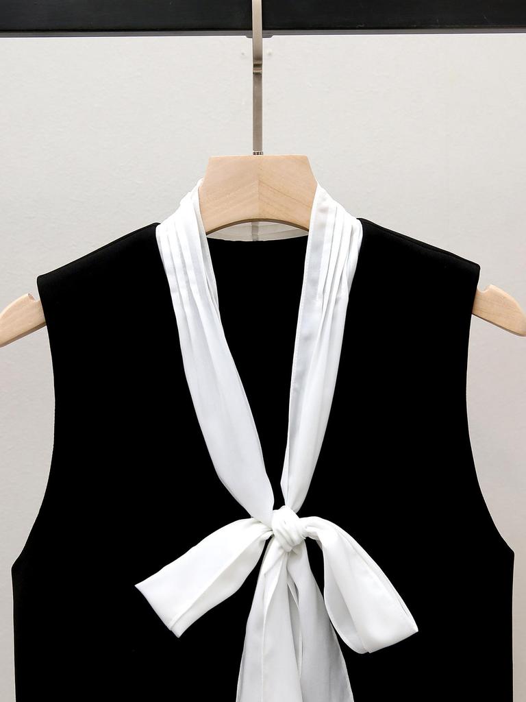 S Family Autumn French Hepburn Color Block Ribbon Bow Short Loose Vest Top