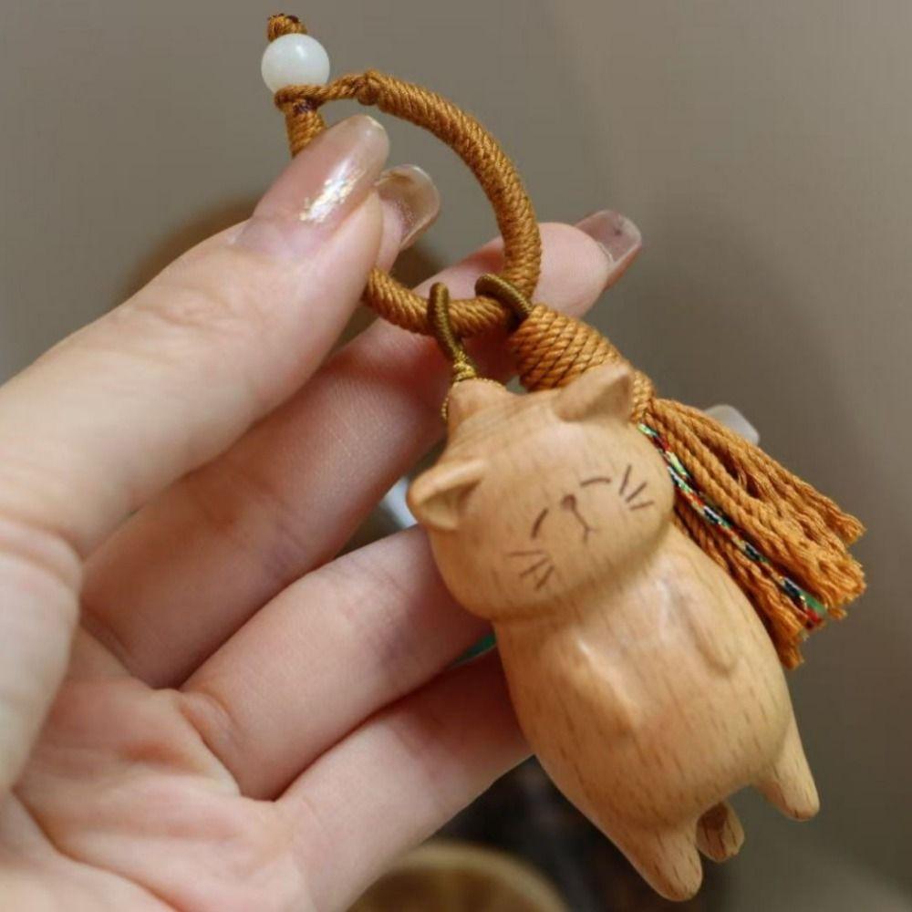 Cartoon Animal Wooden Carved Cat Keychain Weave Rope Carved Cat Keyring  Gifts