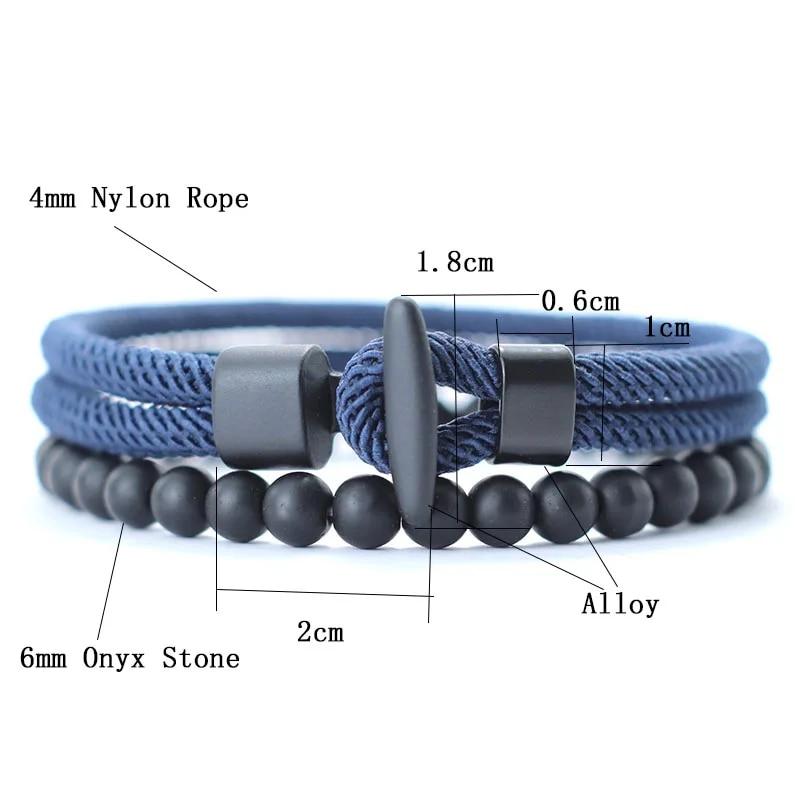 Mode 2 stuks/set Heren Armband Natuurlijke 6mm Onyx Steen Kralen Armband Homme 4mm Touw Nautische Armband Vrijetijdsaccessoires Pulseria