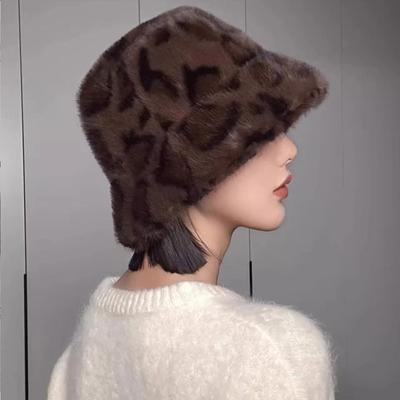 Vintage Leopard Plüsch Bucket Hat für Damen Breite Krempe Winter Warm Flauschiges Fell Fischerhut Weiblich Outdoor Winddicht Beckenhüte