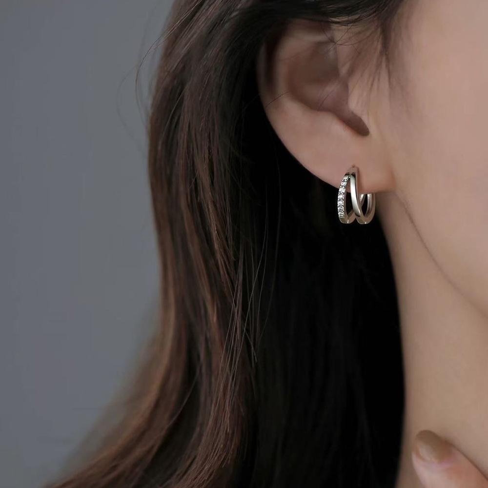 Real 925 Silver Double-layer Zircon Round Hoop Earrings For Women Trendy Fine Jewelry Niche Advanced Accessories