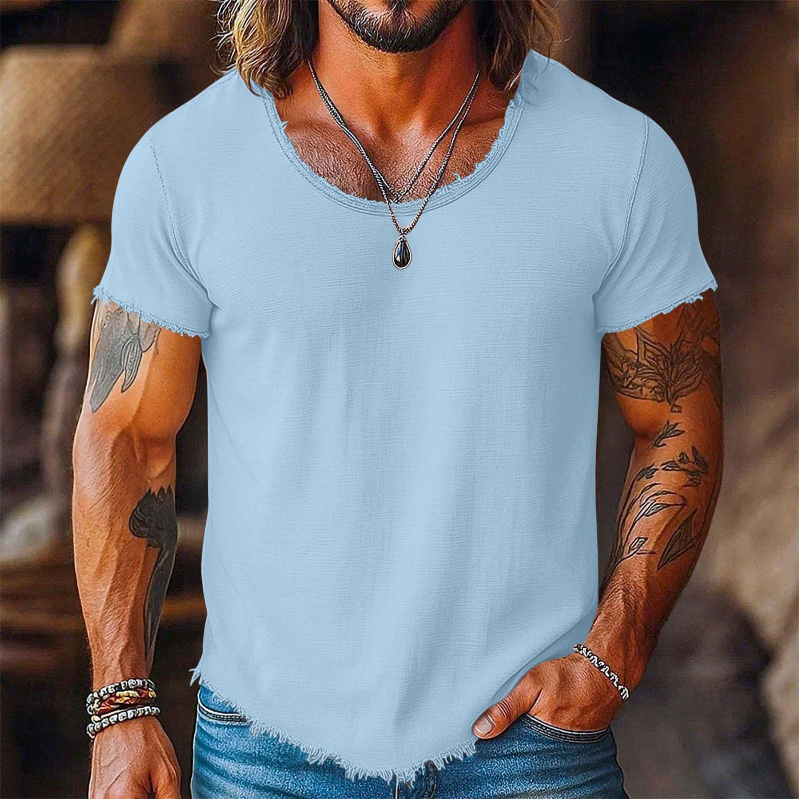 Ionia Heren Casual T-shirt met Korte Mouwen, Verweerd Ruw Randje, Ronde Hals, Lichtgewicht Zomer T-shirt voor Dagelijks Gebruik L
