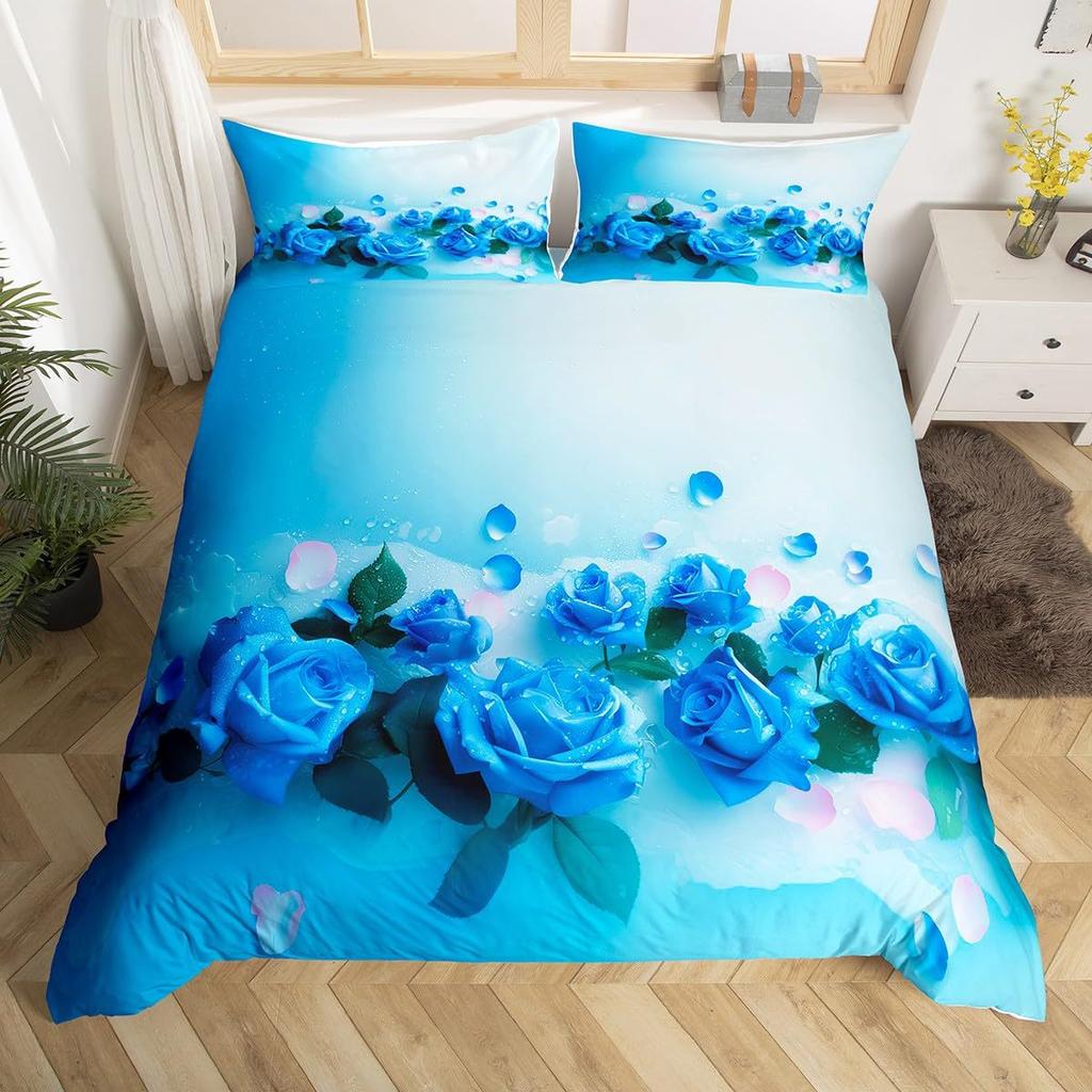 Blue Rose Digital Printed Duvet Set Three-Piece Valentine'S Day Gift Suitable For Bedroom Decoration Bedding