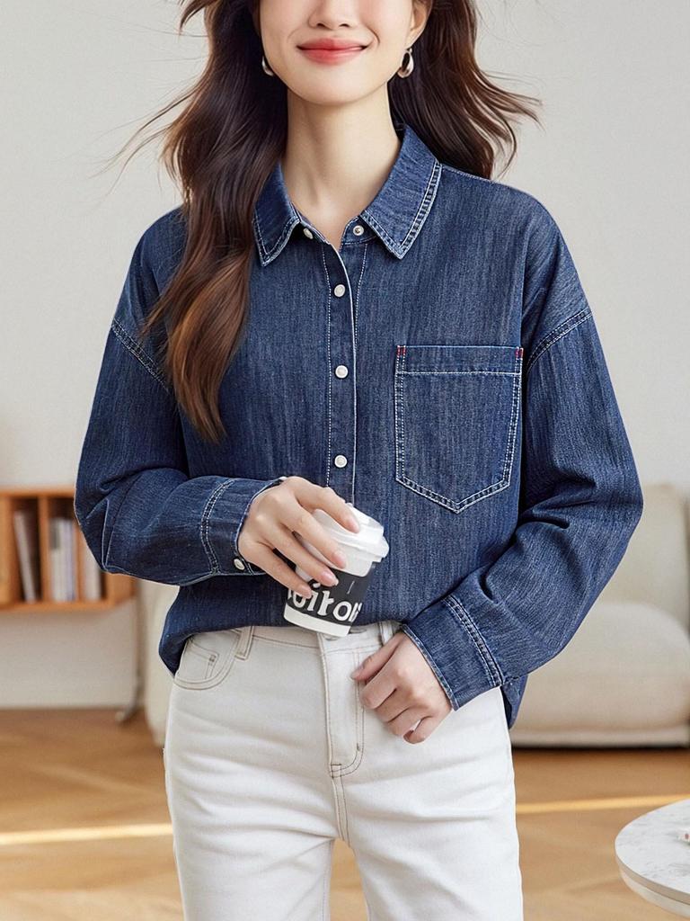 Women's Long Sleeve Denim Blue Shirt Jacket - Spring 2026 Retro British Style with Thickened Lapel