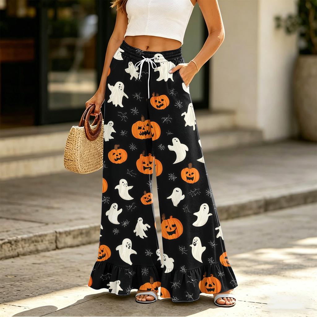 Pantaloni Larghi da Donna con Tasche Vita Alta Coulisse Vestibilità Larga Pantaloni Casual Stampa Halloween Leggeri Comodi