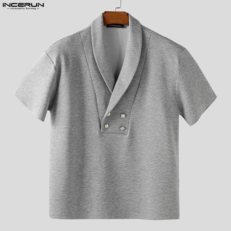 INCERUN Mens Lapel Neck Short Sleeve Casual Loose T-shirts Tops