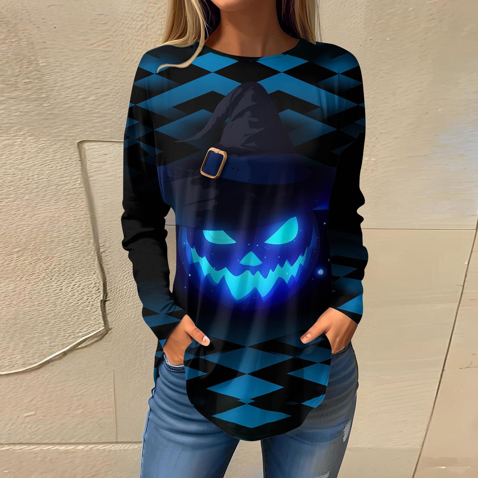 

Женская свободная футболка с круглым вырезом и принтом на Хэллоуин с длинными рукавами, топ, пуловер, свитшот с длинными рукавами XXXL