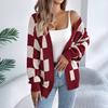 Herbst/Winter Colorblock Karomuster Laternenärmel Strickjacke Pullover Lange Oberbekleidung für Damen