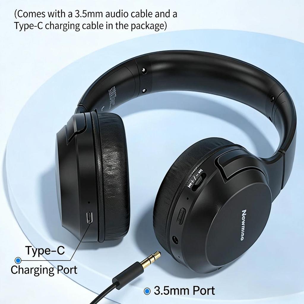 Newmine TB106 Headphones, Over-Ear Bluetooth Wireless Headphones, Long Battery Life, Noise-Cancelling, Foldable, Black