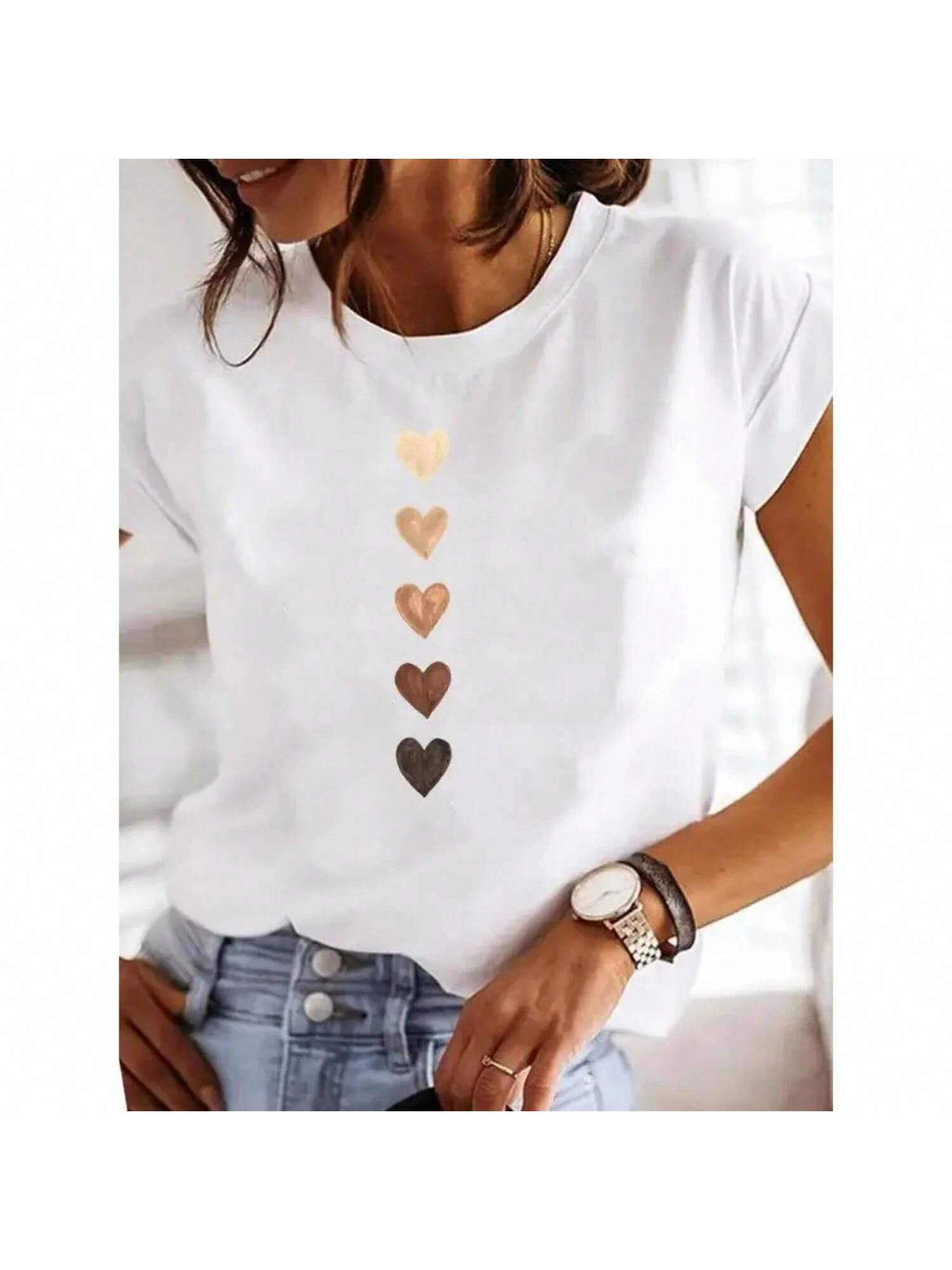 Love Heart Print Wounisex Summer T Shirt Girl O Neck Funny Y2K Tops Tee Female 90s Casual Clothing 70302 S разноцветный