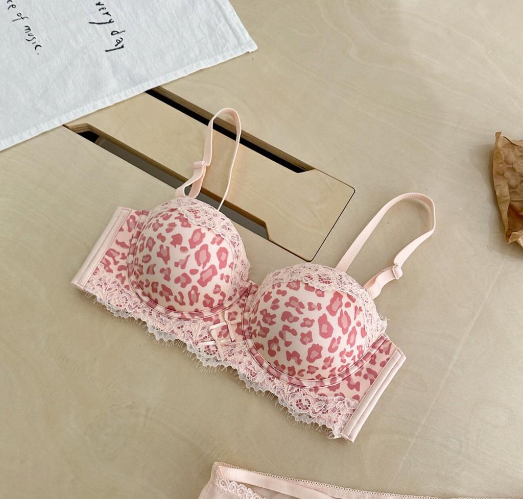Pink Leopard Print Push-Up Bra with Enhanced Lift, Anti-Sagging Lace Trim, and Thickened Palm Cup for Small Busts