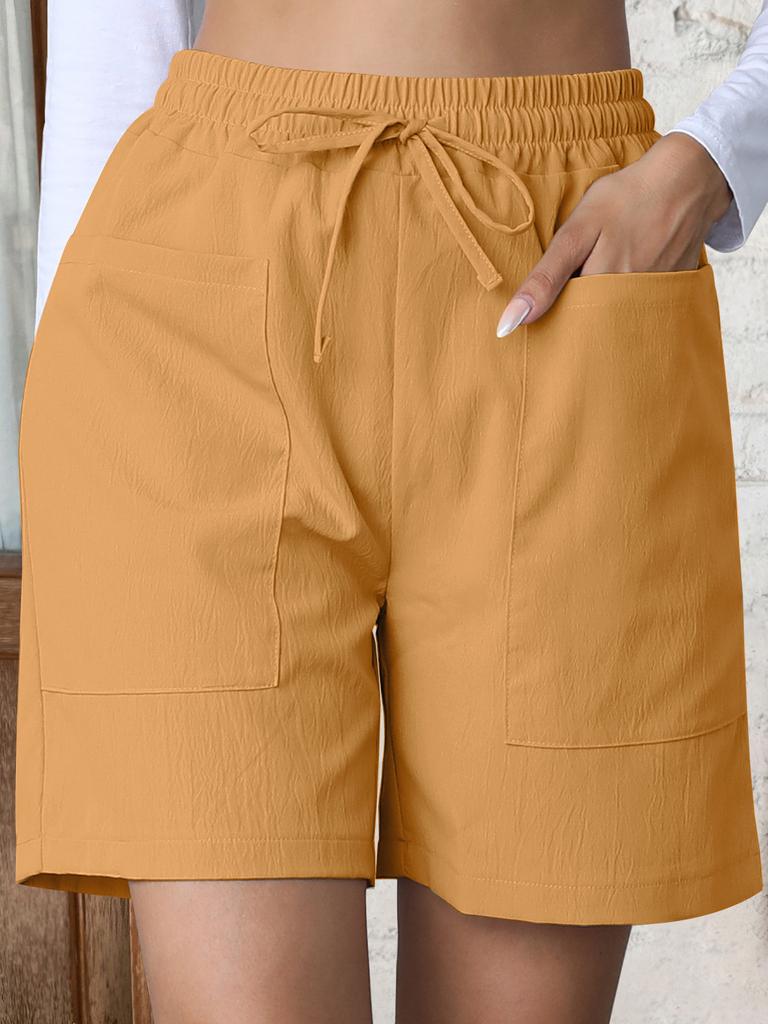 Summer new loose linen casual solid color high waist pocket drawstring large size shorts women