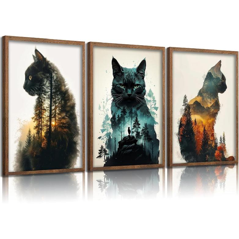 Funny Animals Canvas Wall Art Cute Black Cat and Forest Theme Pictures Wall Decor Abstract Sunset Mounta Nature Landscape Poster Painting Prints