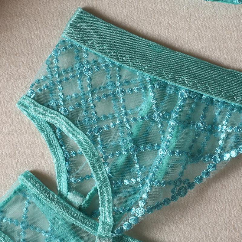 Lake Blue Embroidered Sling Bra Set: Trendy European and American 3-Piece with Steel Support