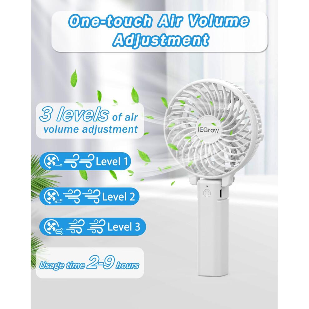iEGrow Handheld Fan, Portable USB Mini Travel Fan with 2000mAh Rechargeable Battery, 3 Speeds Desk Fan for Home, Office and Travel-White
