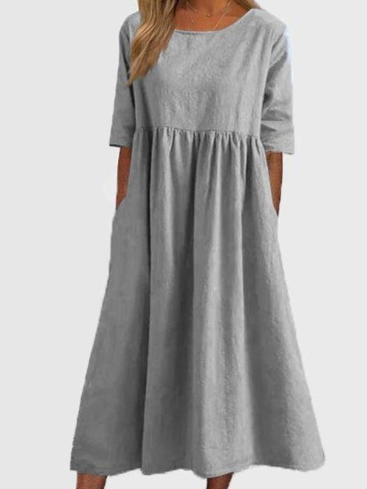 O-neck Short Sleeve Dress Spring Summer Fashion Elegant Loose Solid Dresses For Women