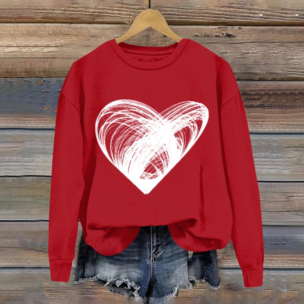 Damskie bluzy z nadrukiem na Walentynki, długim rękawem i okrągłym dekoltem, z nadrukiem ...