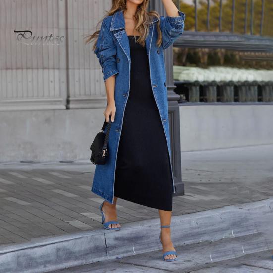 Denim Windbreaker Women Jacket Double-breasted with Side Pockets Lace-up Tie Waist Mid Spring And Autumn Length Solid Color Turn-down Collar Overcoat