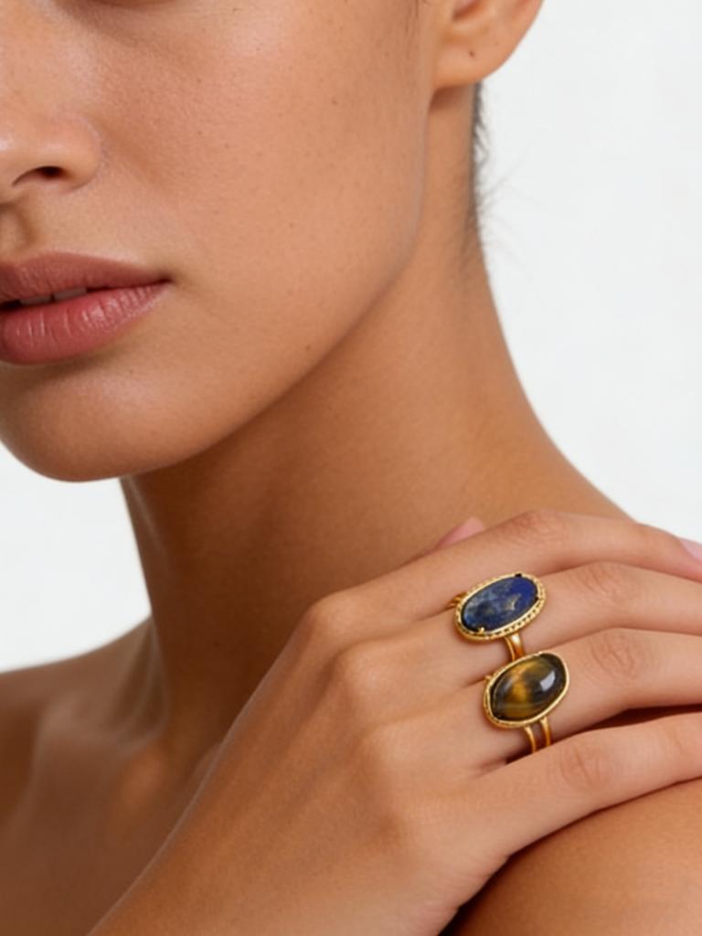 Luxury Vintage Blue Natural Stone Rings for Women Stainless Steel 18K Gold Plated Tiger Eyes Stone Open Ring Jewelry Gifts