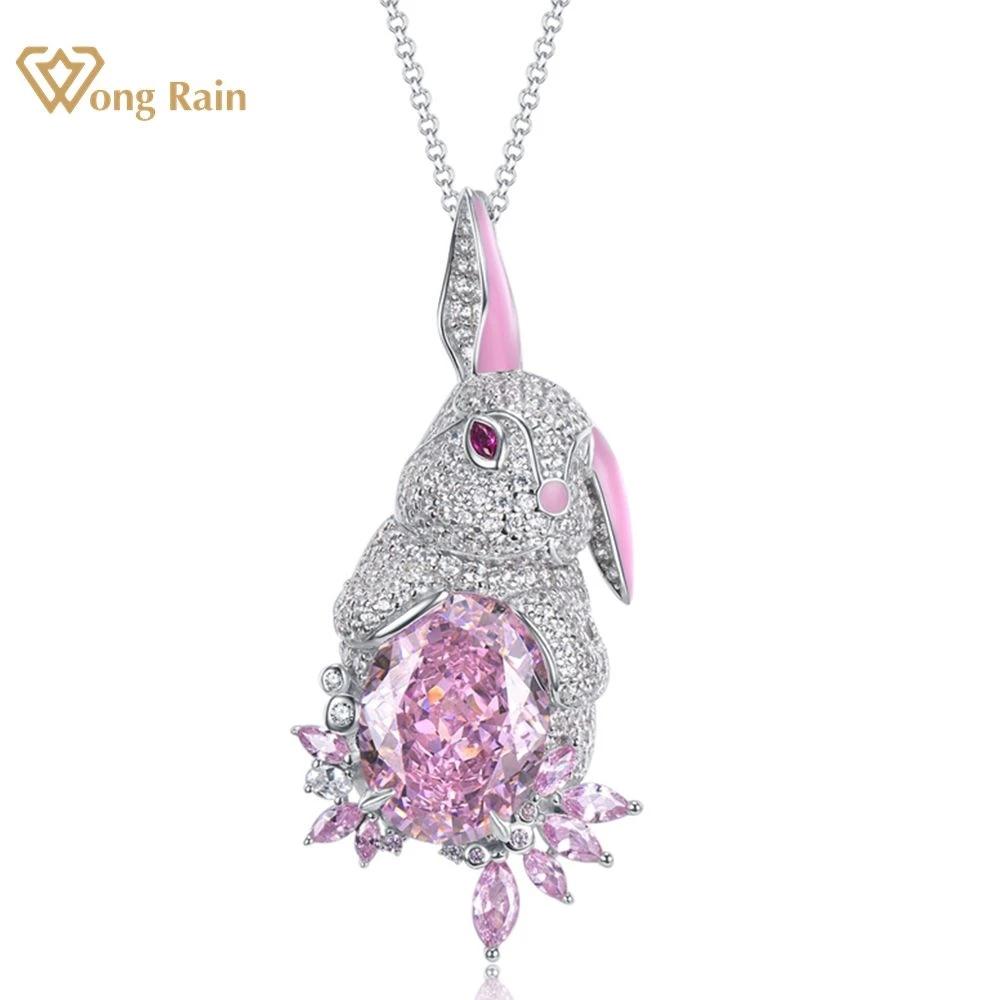

Wong Rain Solid из стерлингового серебра 925 пробы овальной формы 12*16 мм AAAAA цирконы драгоценный камень милый кролик кулон ожерелье ювелирные изделия подарок на день рождения 43cm розовый