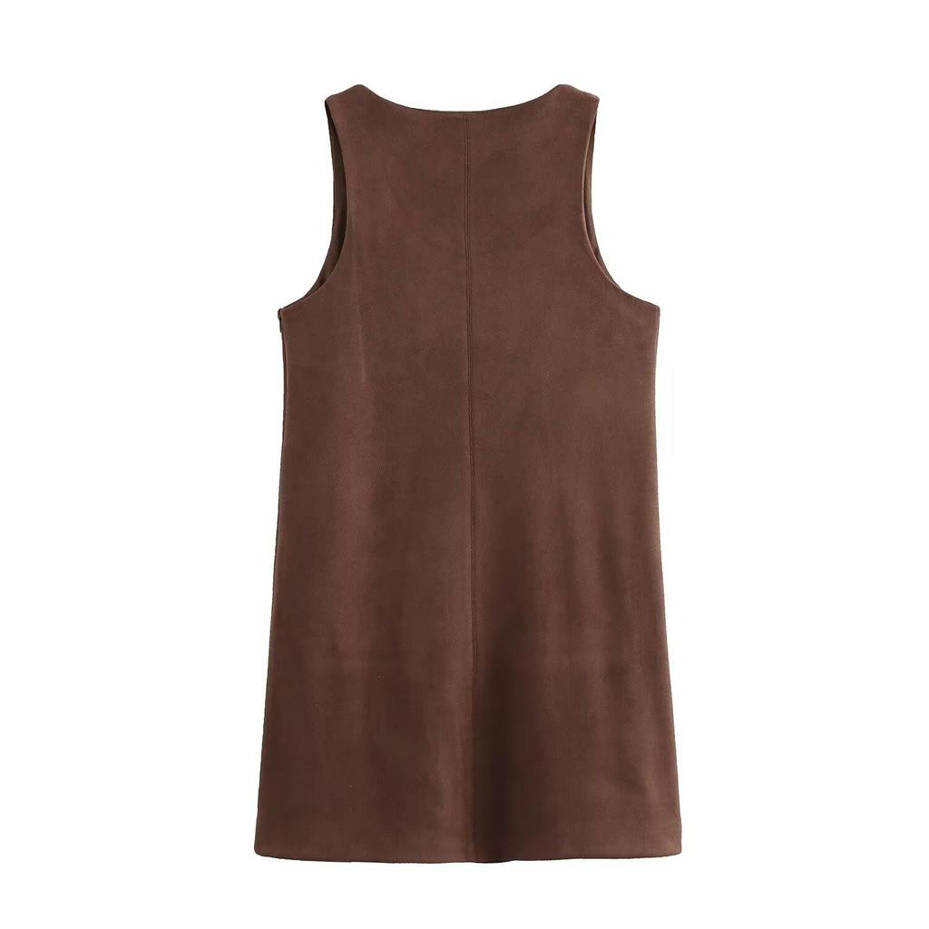 2024 Winter Women's Retro U-Neck Suede Effect Sleeveless Short Dress - European & American Style