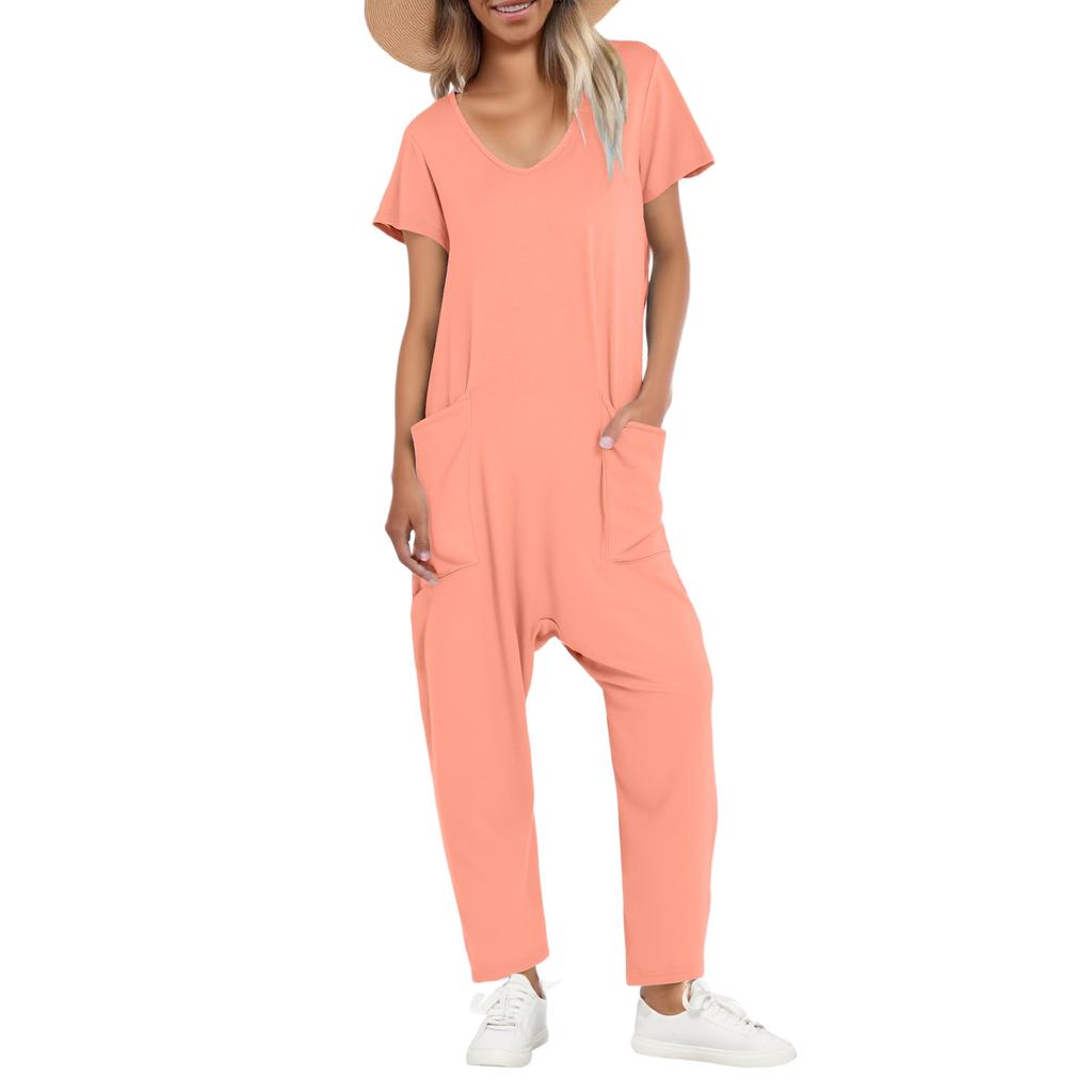 Women's Casual Short Sleeve High Waist Pockets V Neck Loose Jumpsuits Long Pants Wide Rompers