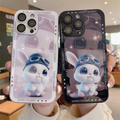 Cute Rabbit Metallic Paint Tempered Glass Phone Case For iPhone 15 14 13 12 11 Pro Max Shockproof Cover