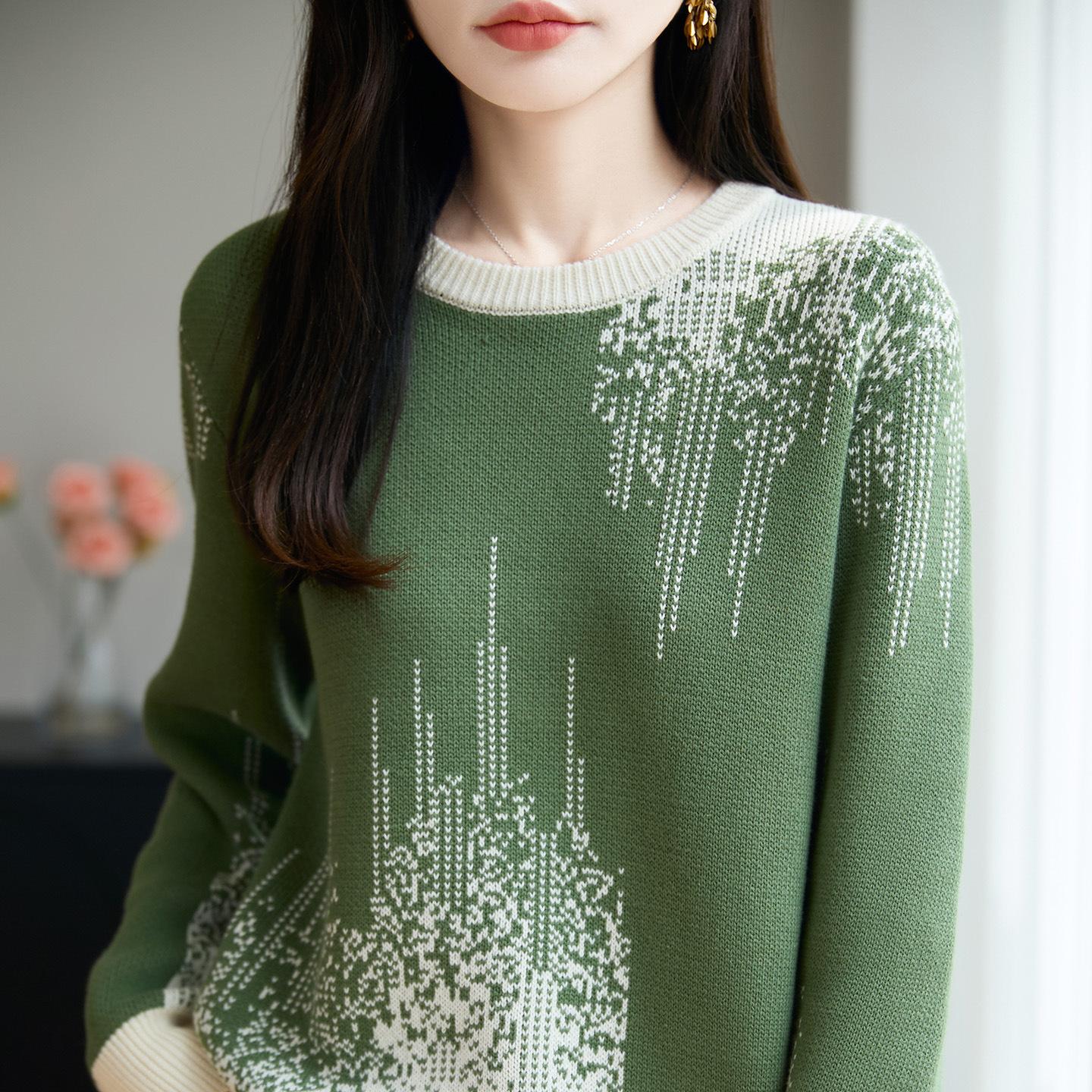 New Women s 100% Cotton Knit Sweaters Stylish and Sophisticated Long-Sleeve Women s Sweaters Round-Neck Sweaters for Spring, Fall, and Winter M зелёный