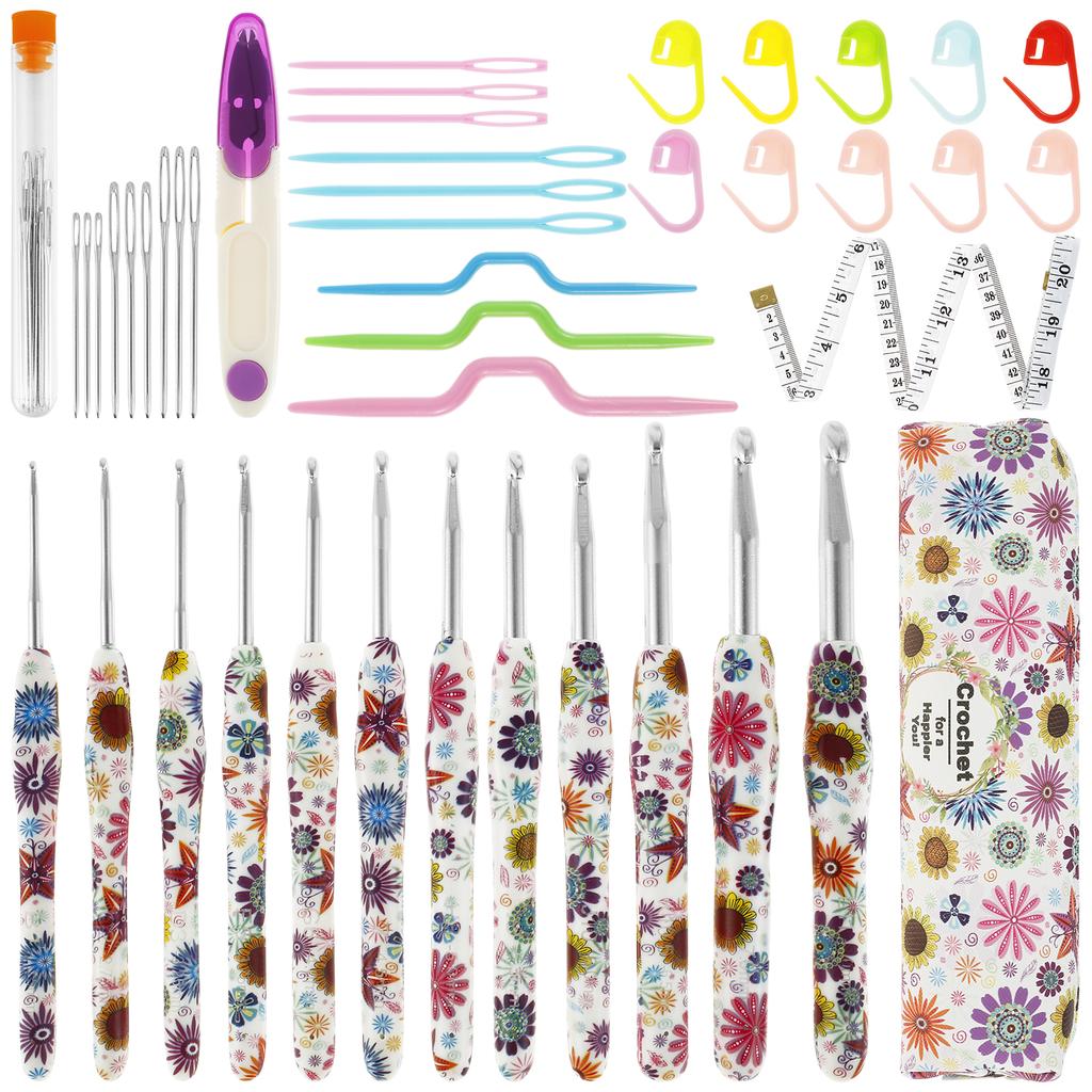 9/12 Pcs Crochet Hook Set Ergonomic Crochet Hooks with Storage Bag Floral Resin Plastic Practical Crochets Hooks Set for Weaving