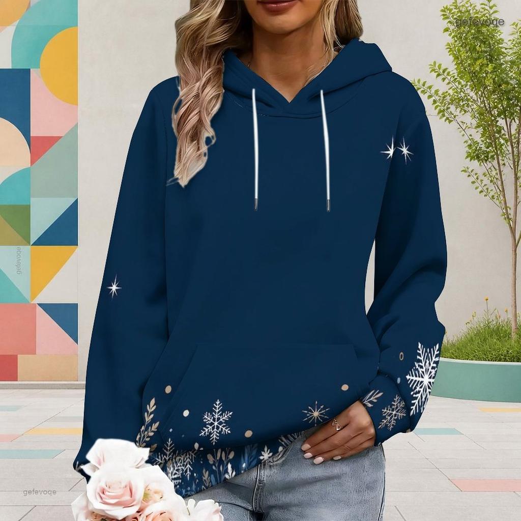Women Plus Size Navy Snowflake Printed Long Sleeve Drawstring Hoodie Kangaroo Pocket Pullover