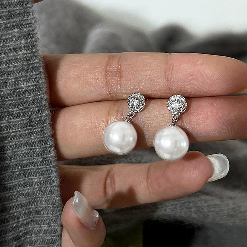 Round Full Paved Zircon Top Drop Earrings Silver Tone White Imitation Pearl Dangle Earrings Minimalist Daily Jewelry for Women