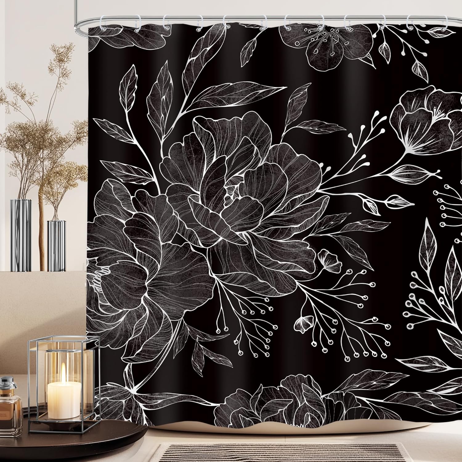 

Black Peony Floral Shower Curtain Abstract Vintage Flower Blossom Plant Leaves Modern Elegant Women Cloth Fabric Waterproof W60H190(CM)-1 Pcs