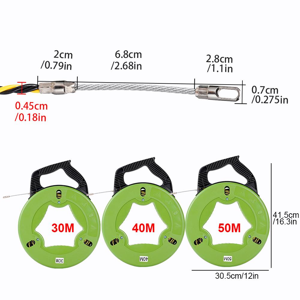 4.5mm Cable Puller 30/40/50M Fiberglass Fish Tape Reel Puller Conduit Ducting Rodder Green Electrical Wall Wire Fast Wire Puller