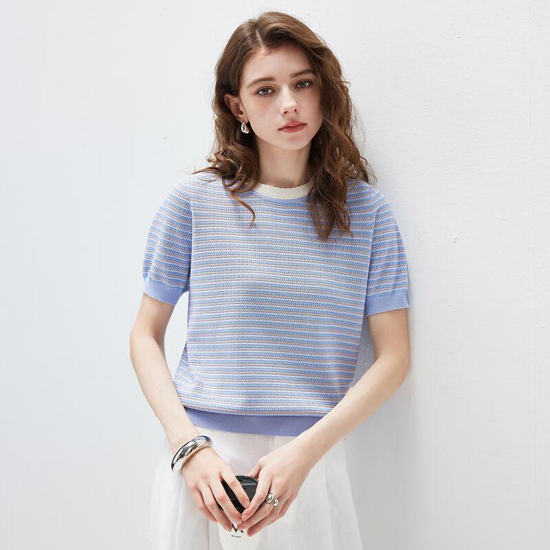 Women's Mulberry Silk Blend Striped Jacquard T-Shirt