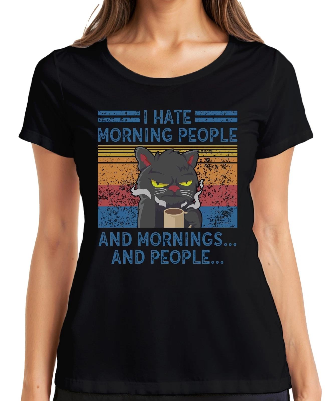 I Hate Mornings And People Morgenmuffel Kaffee Katze Vintage Damen T-Shirt L