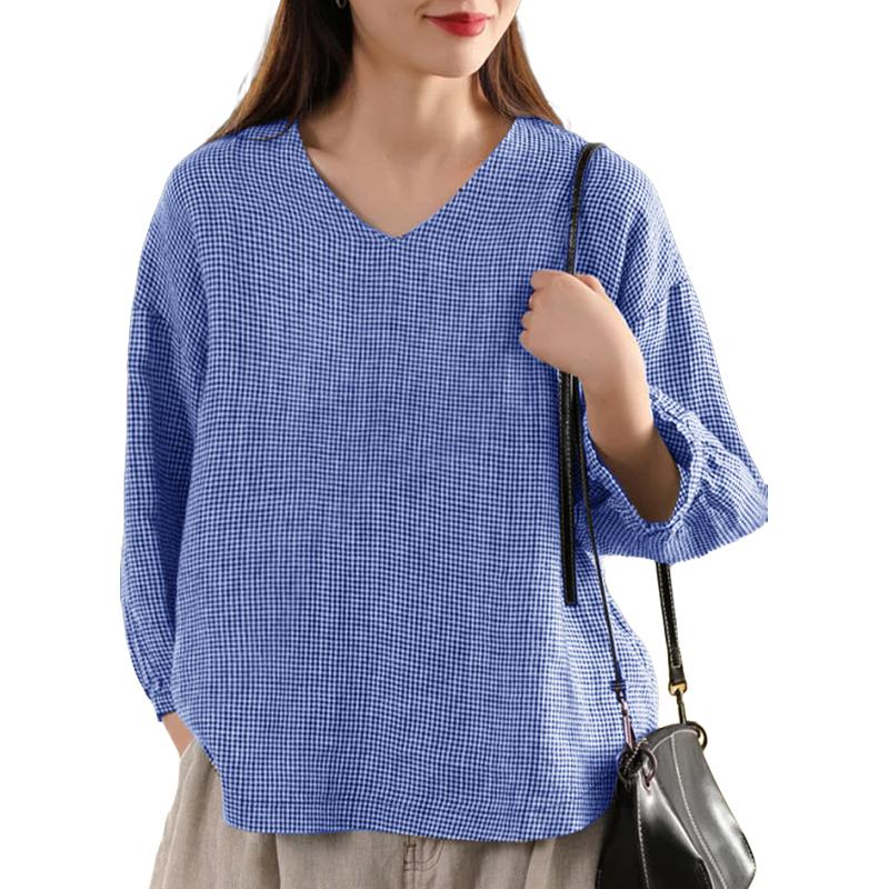 

ZANZEA Женская повседневная блузка с V-образным вырезом, клетчатым принтом, свободным рукавом 3/4 5XL темно-синий