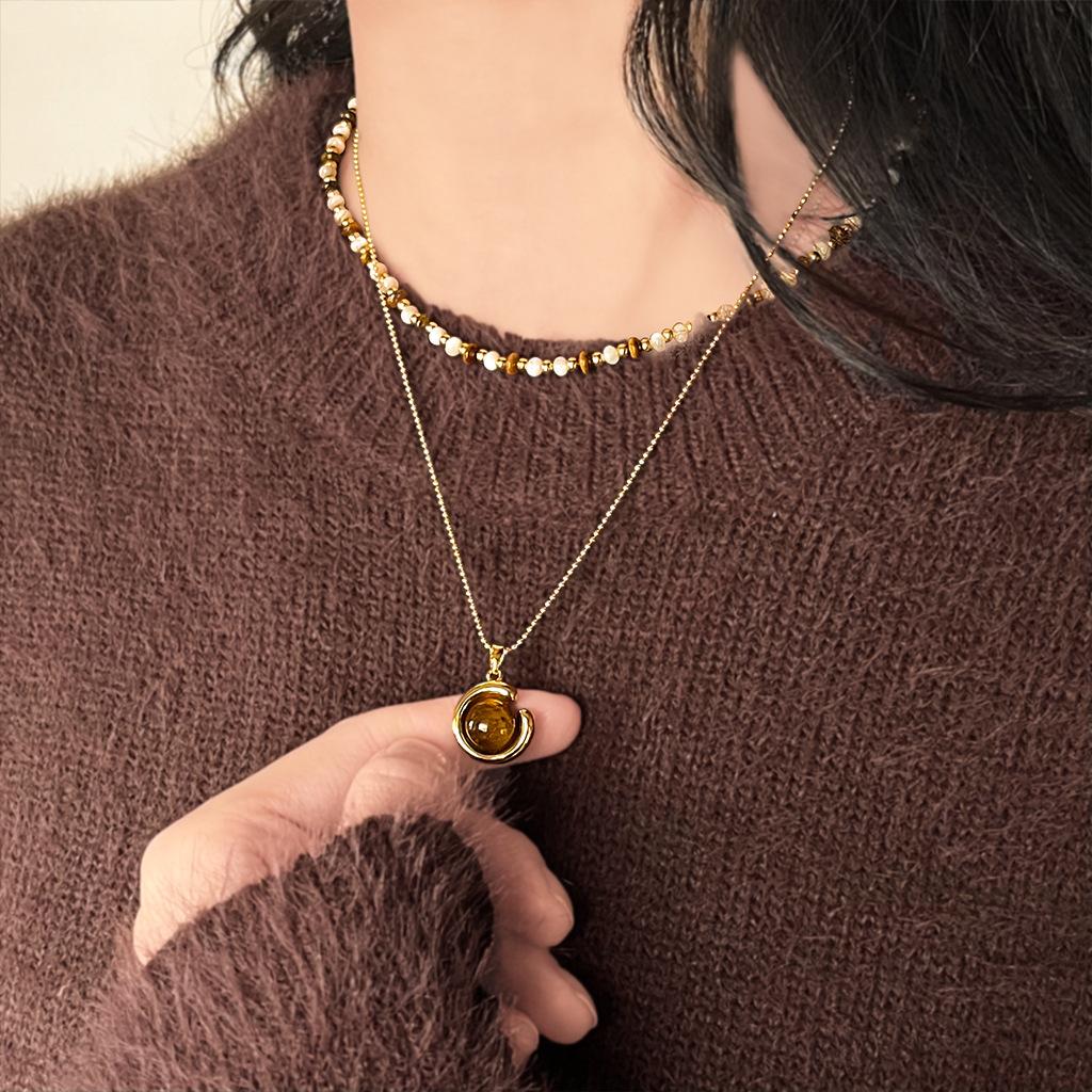 Vintage Boho Tiger's Eye Necklace, Indie Design Stackable Lariat, Natural Grain Adjustable Jewelry for Women, Unique Everyday Statement