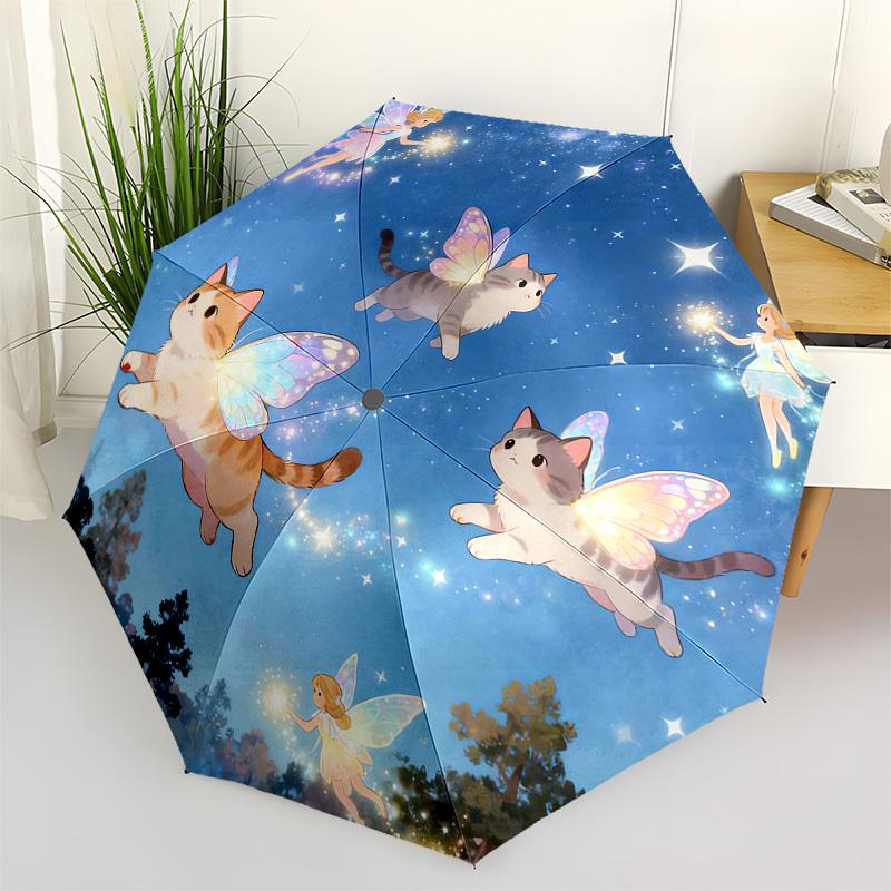

1pc Fairy Cats in Starry Night Umbrella with Plastic Handle,Vibrant Cartoon Pattern,Multi-functional UmbrellaPT249