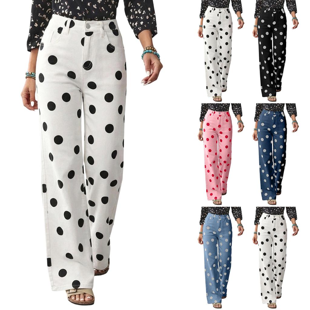 Damen Weite Hosen Hohe Taille Lässig Gepunkteter Druck Lockerer Schnitt Hosen Leichter Bequemer Stoff Geeignet für den Täglichen Gebrauch
