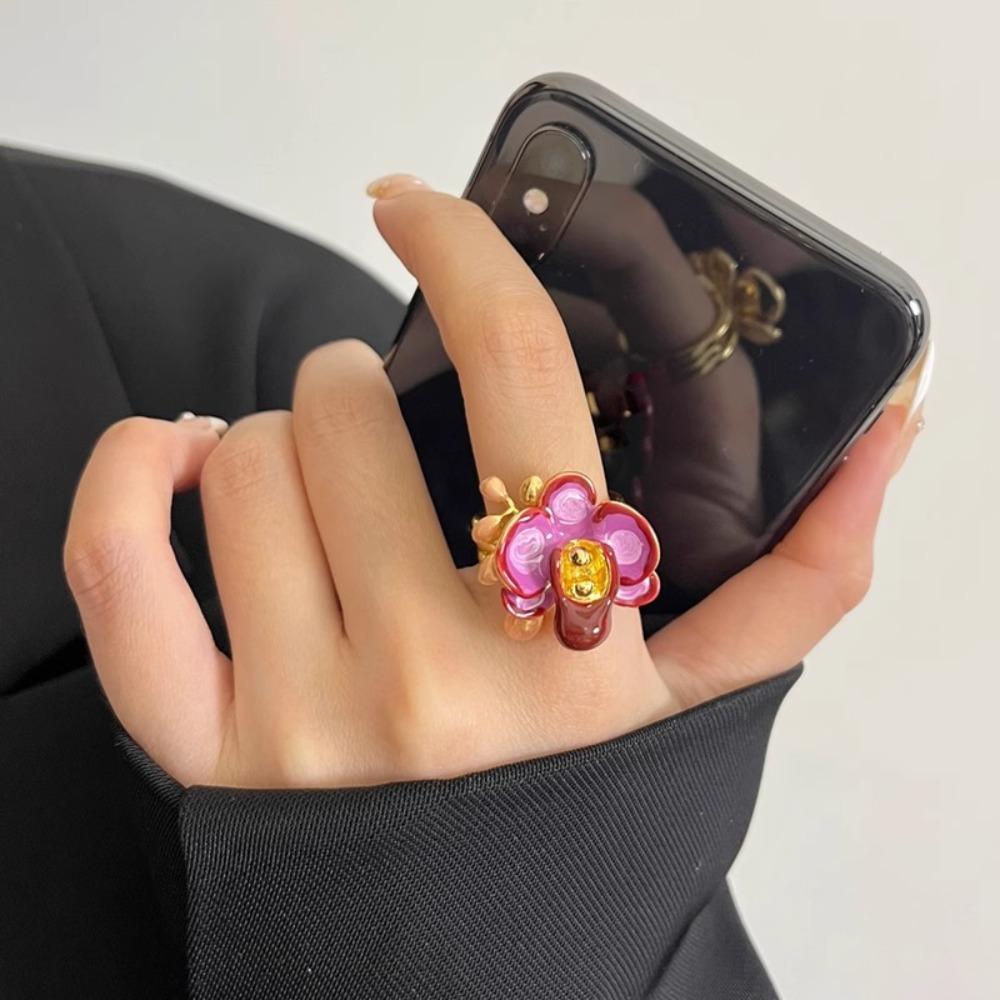 Butterfly Orchid Enamel Finger Ring Sweet French Irregular Ring Creative Drip Oil Flower Ring  Gift